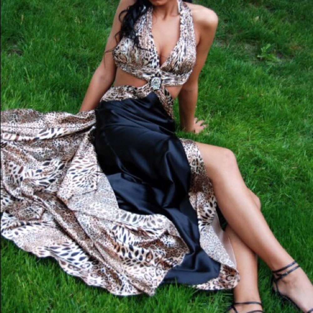 Black and animal print satin prom/evening dress.