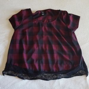 Burgundy plaid & lace top