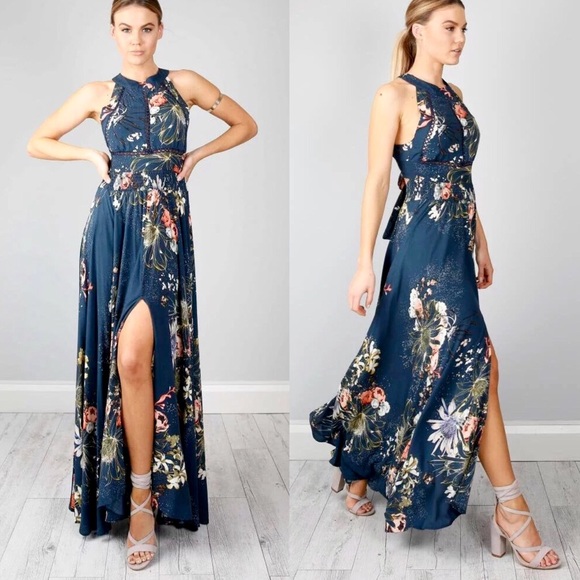 ✨ Open Back Blue Floral Halter Slit Maxi Dress - Picture 3 of 6
