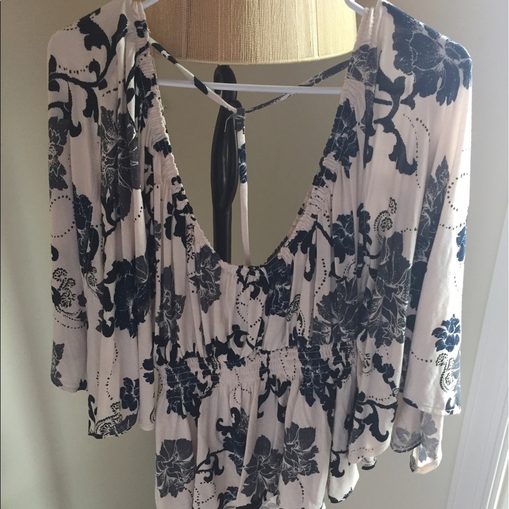 Free People White Blouse Blue and Gray Flowers