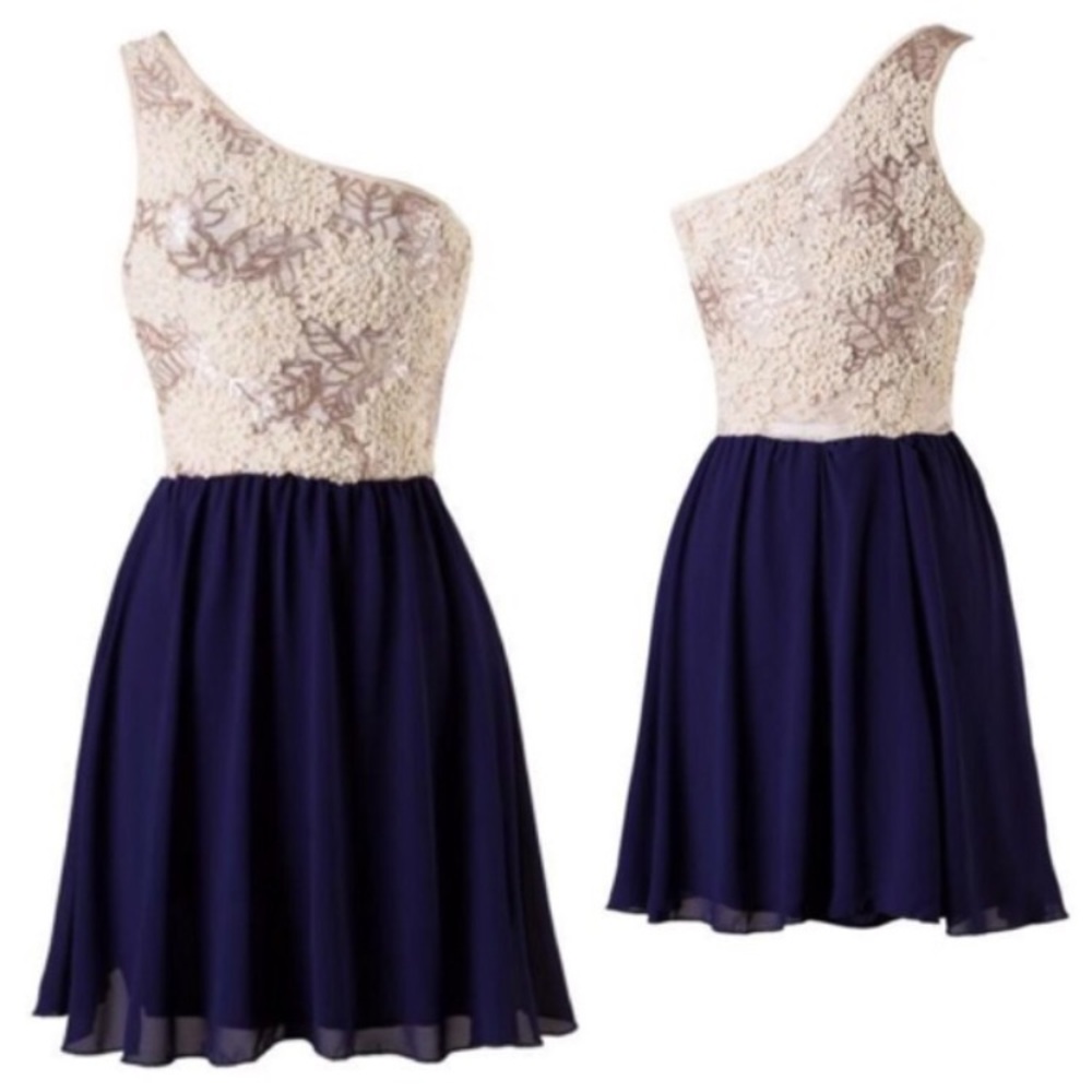 One Shoulder Navy Cream sequin chiffon dress. - Picture 3 of 6