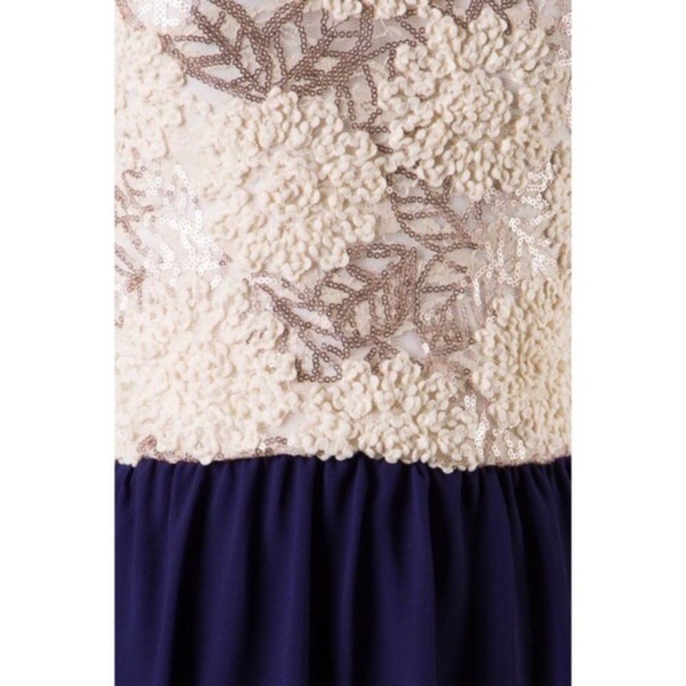 One Shoulder Navy Cream sequin chiffon dress. - Picture 4 of 6