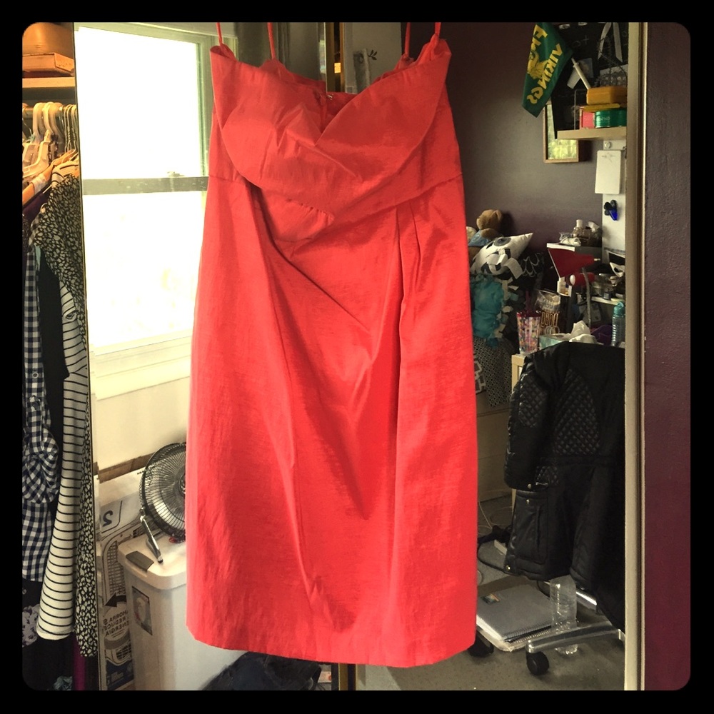 Strapless, salmon colored, formal dress