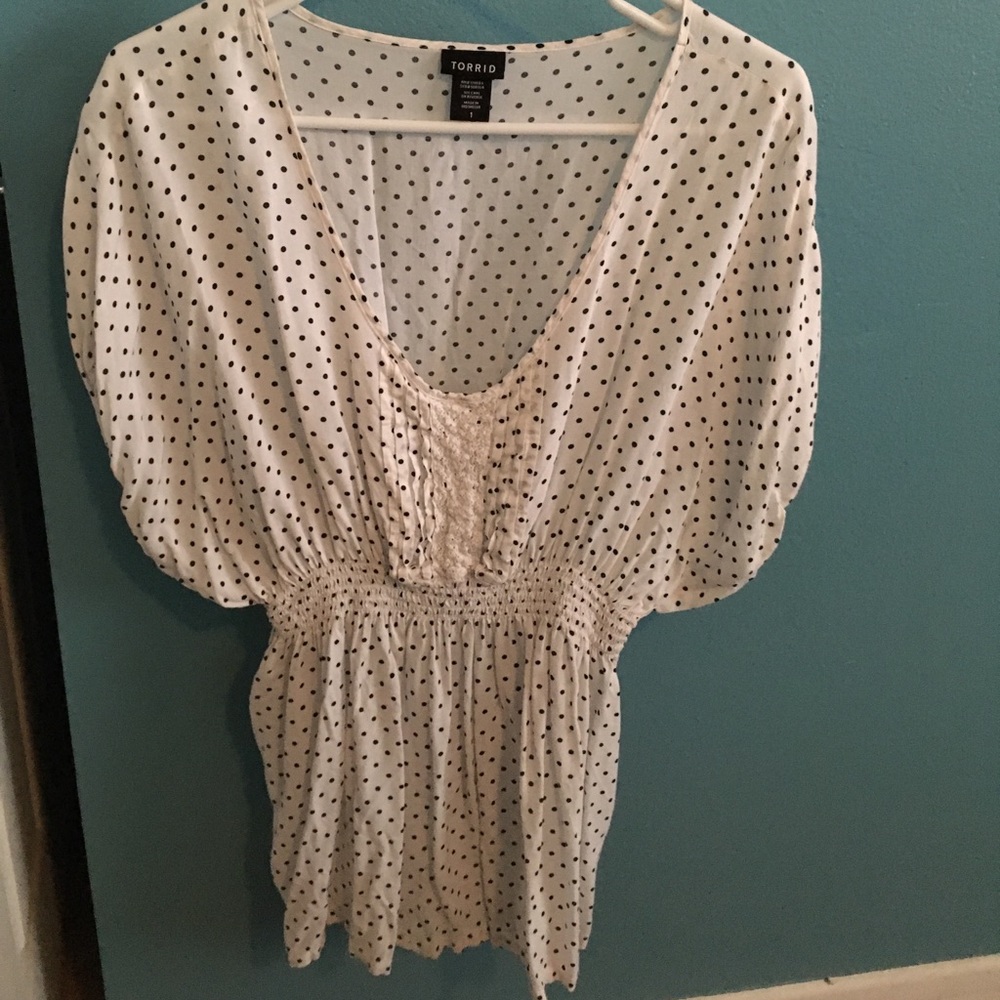 White and blue polkadot blouse