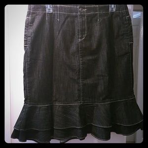 Double ruffle, dark wash denim, jean skirt