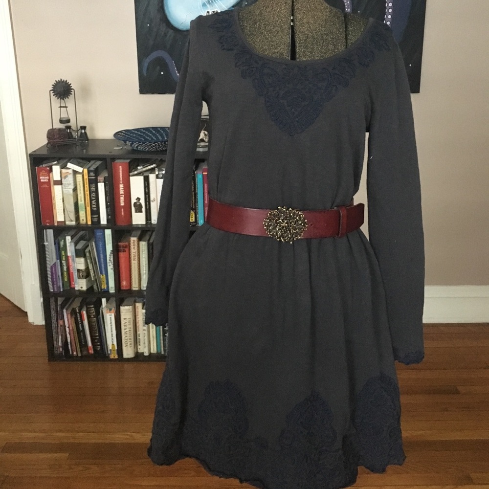 Anthropologie Navy Blue Embroidered Cotton Dress