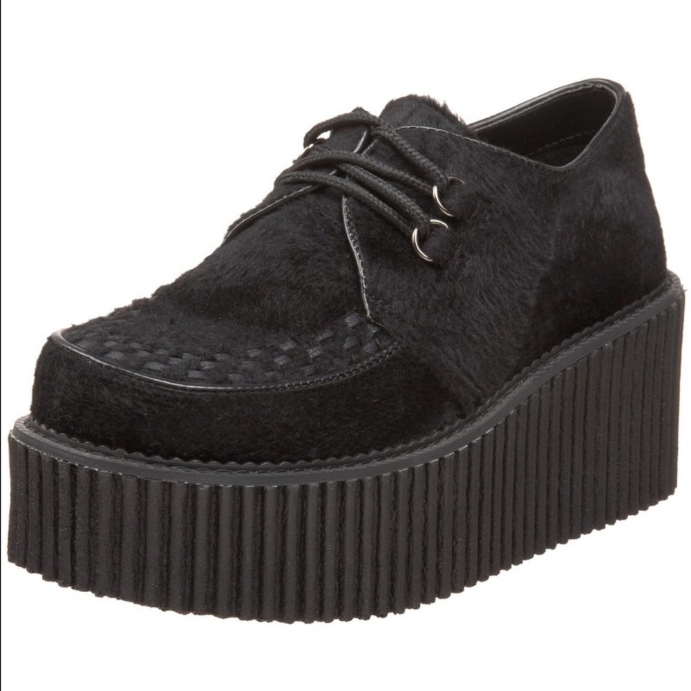 Demonia Black Fur Lace Up Platform Creepers