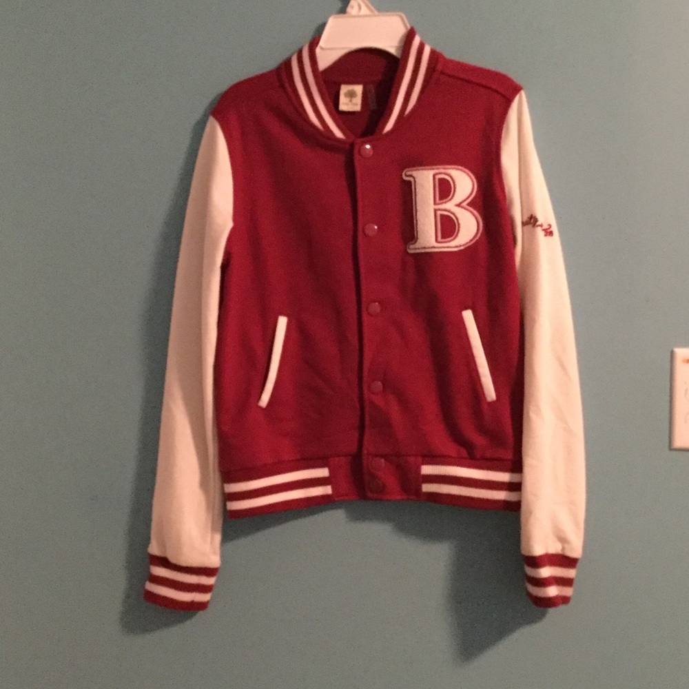 Red and white varsity jacket