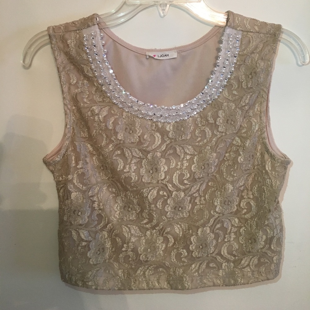 Gold with beaded embroidery neck-line lace shirt