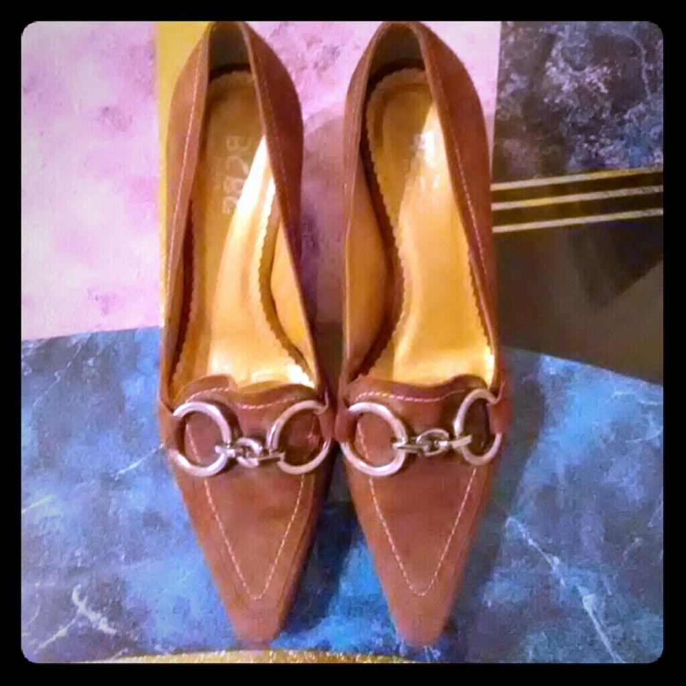 Suede BCBG 2 inch heels with front buckle shoes