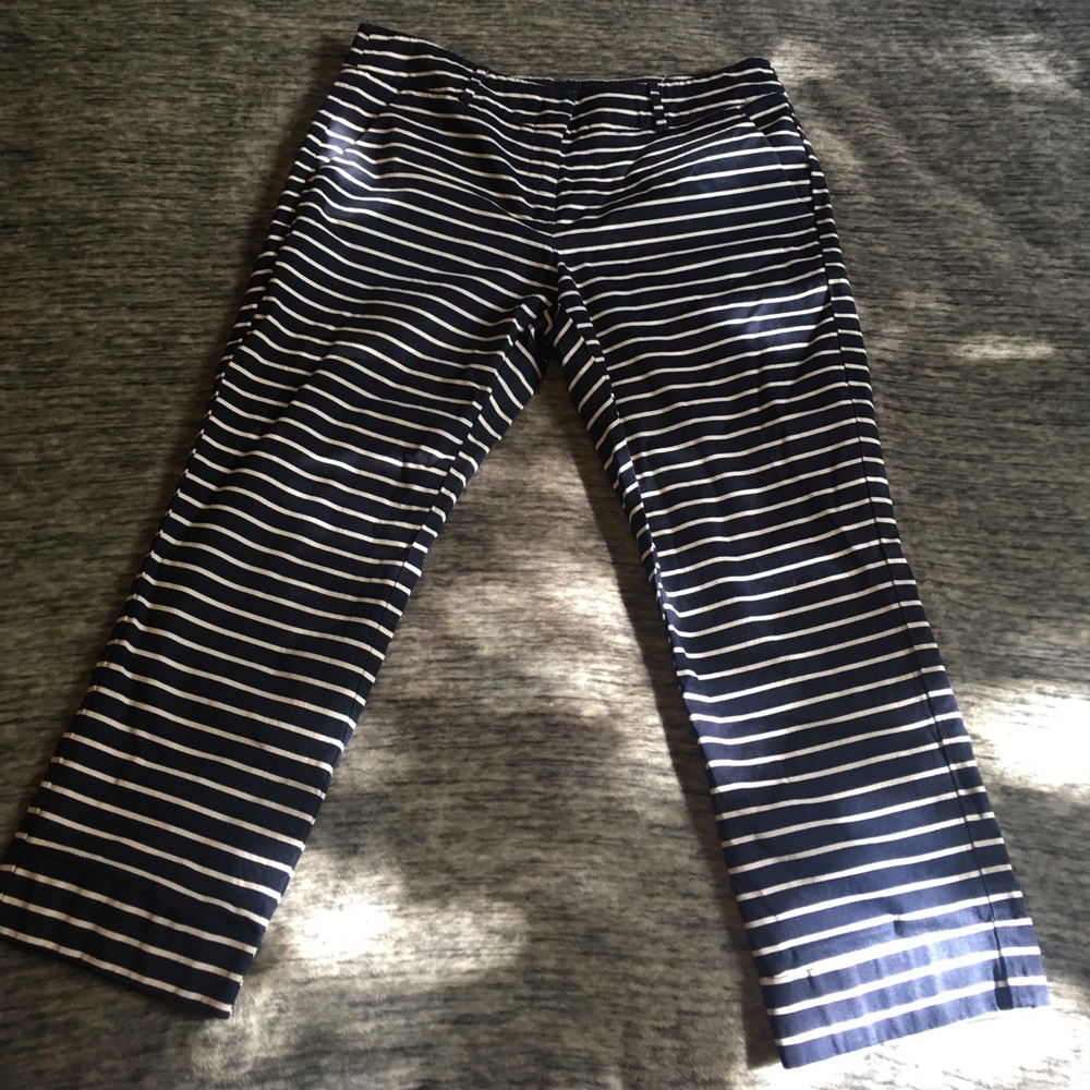 Navy and white striped dress pants.