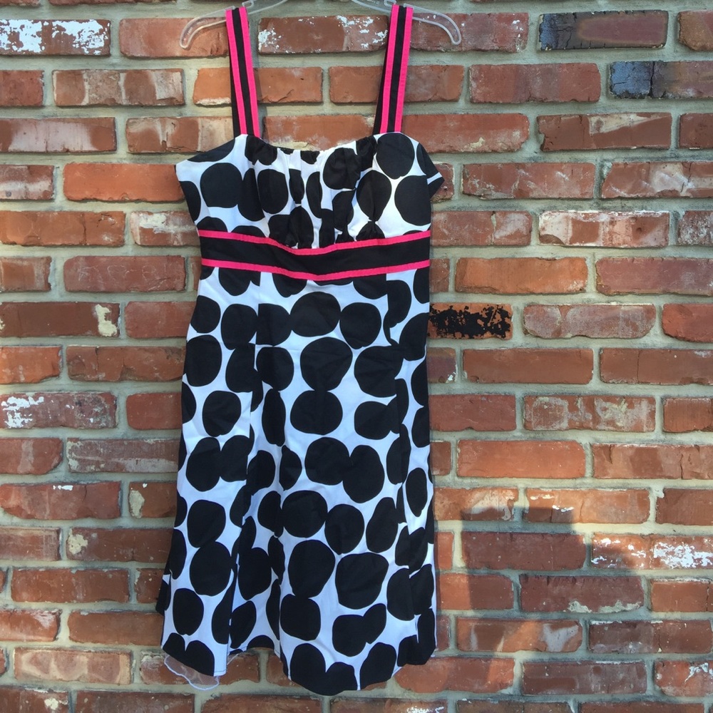 White and black polka dot dress with pink accents