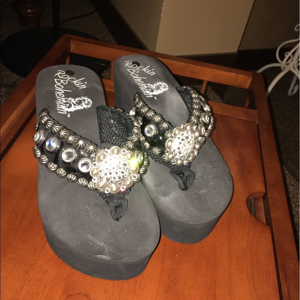 Embellished black wedge flip-flops SOLD