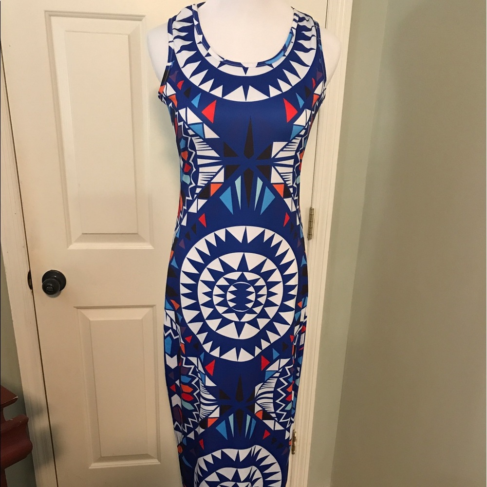 Blue Aztec print maxi-dress.  Size small.