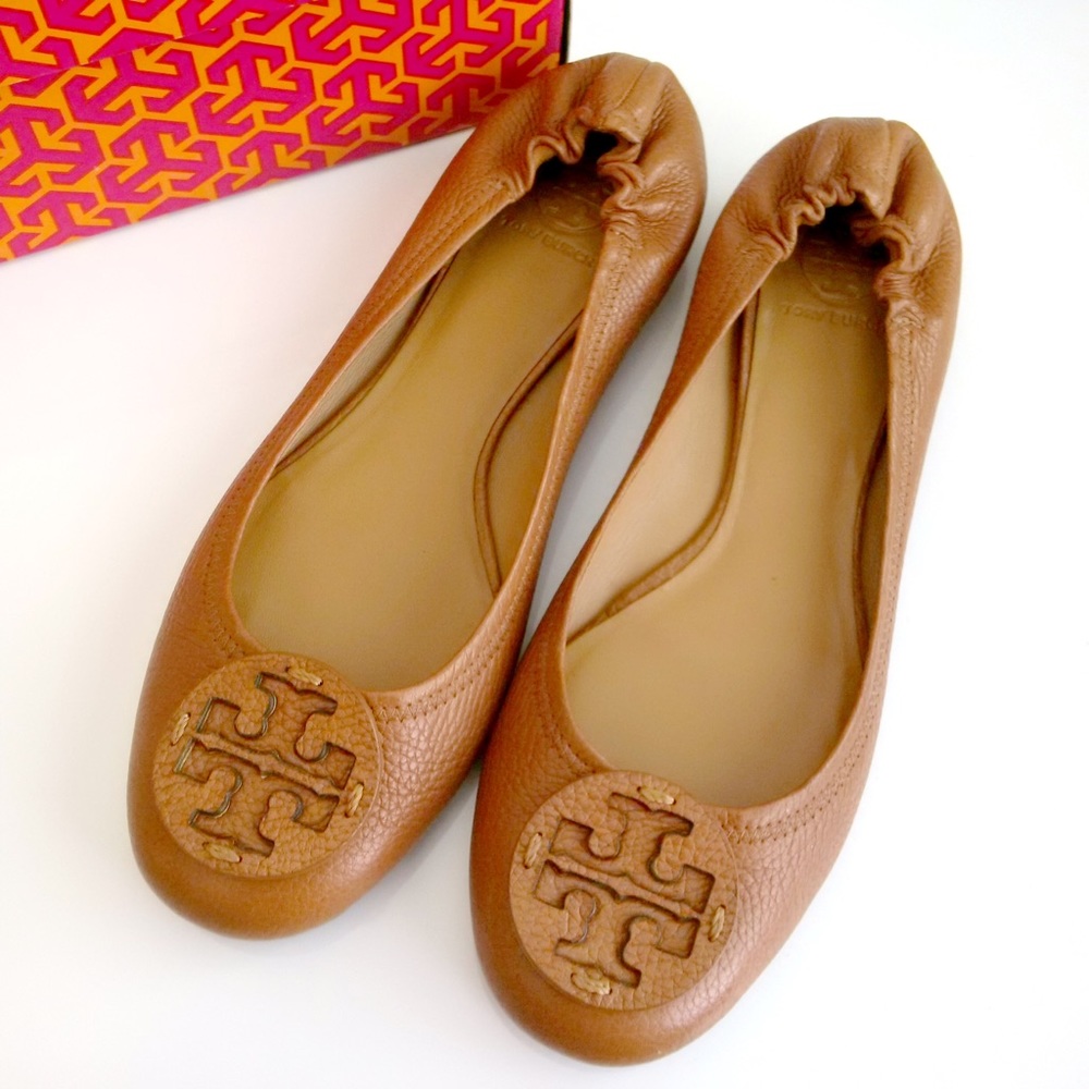 Tory Burch Reva Flats Tan Pebbled Leather