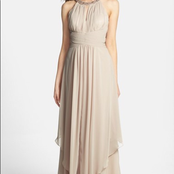 eliza j embellished tiered chiffon halter gown