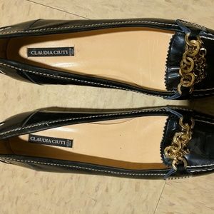 Navy Blue Patent Leather Gold Chain Loafers
