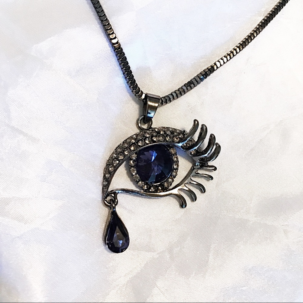 NEW Blue Eye Teardrop Necklace GunMetal Gray Chain - Picture 4 of 5