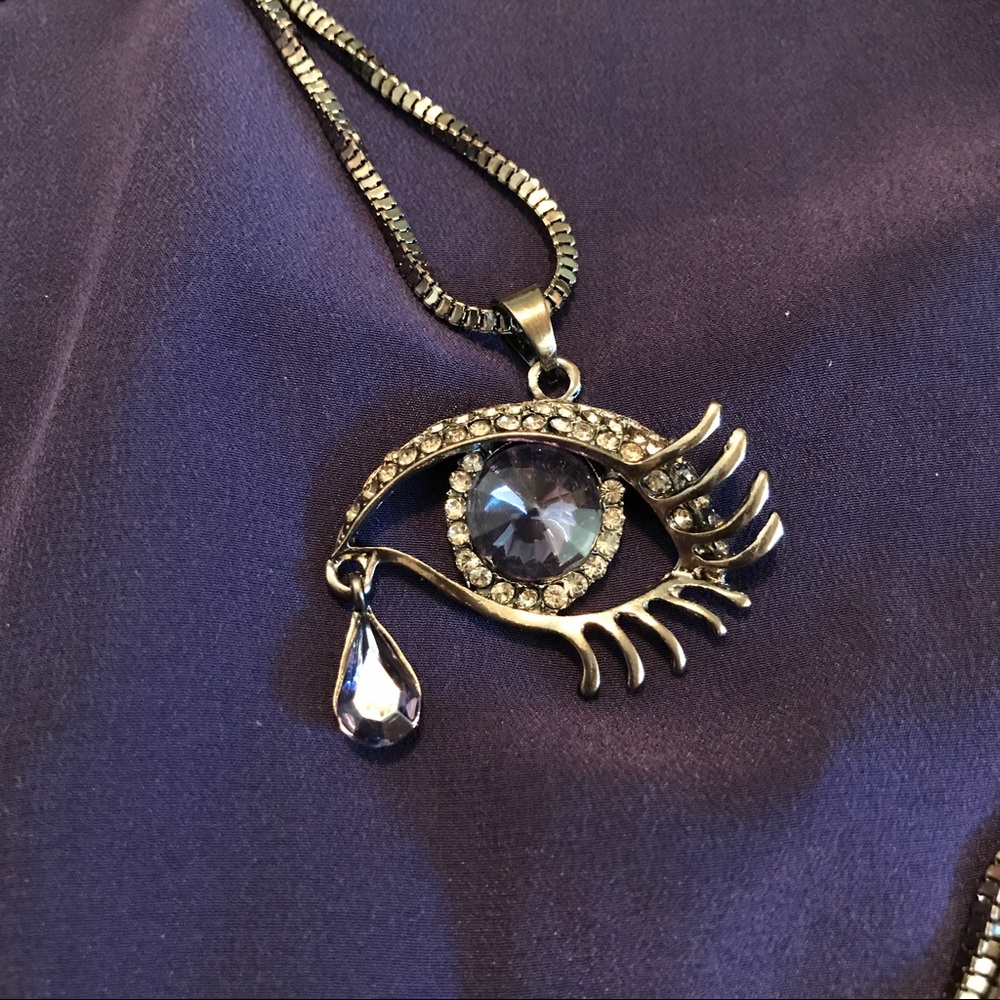 NEW Blue Eye Teardrop Necklace GunMetal Gray Chain - Picture 3 of 5