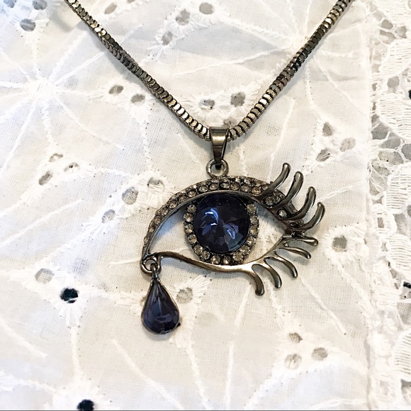NEW Blue Eye Teardrop Necklace GunMetal Gray Chain - Picture 2 of 5