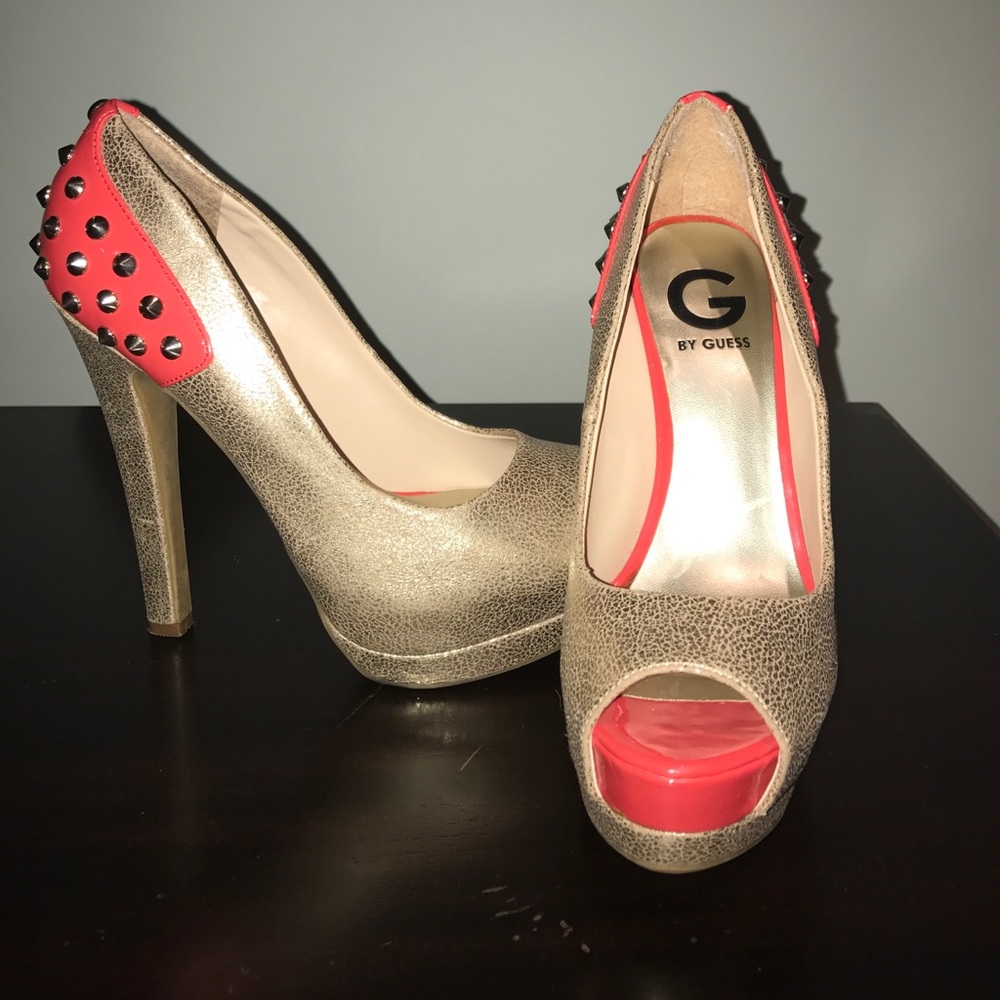 Gold platform heels w/ coral and spikes.