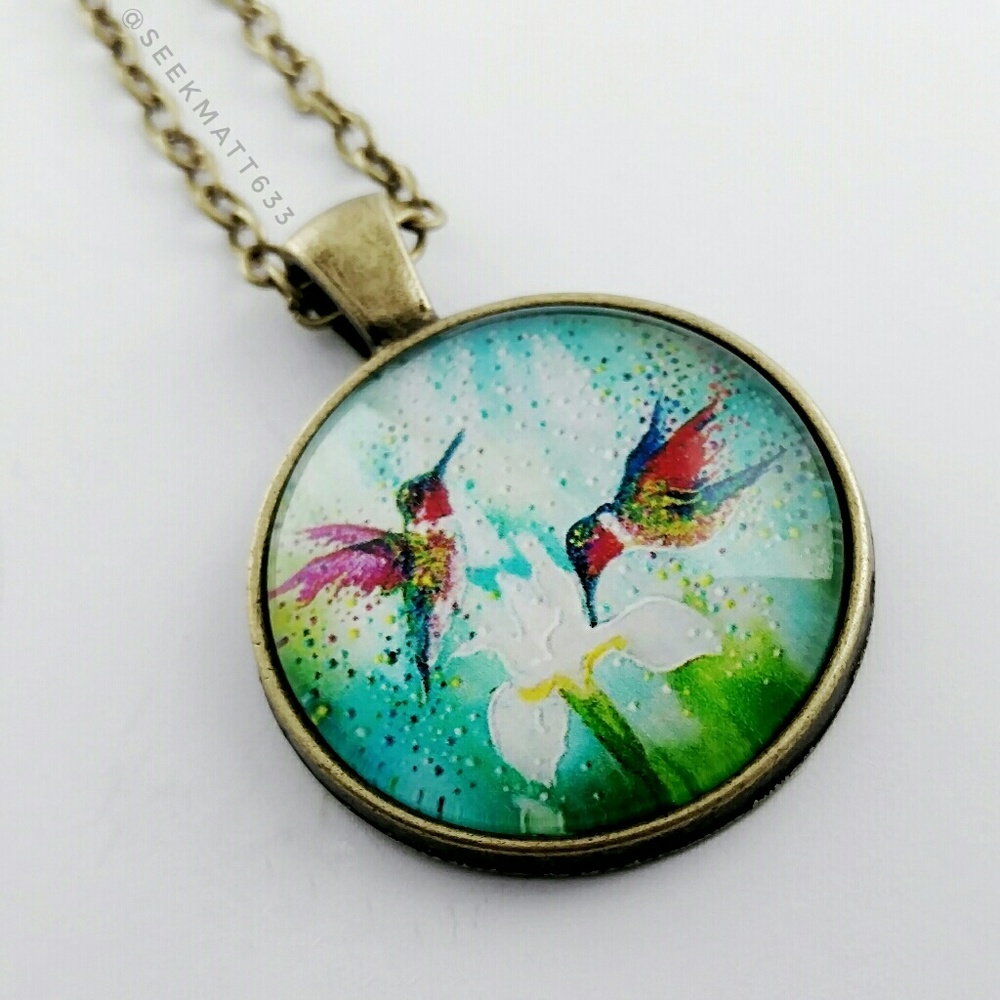 Colorful Hummingbirds Painting Necklace