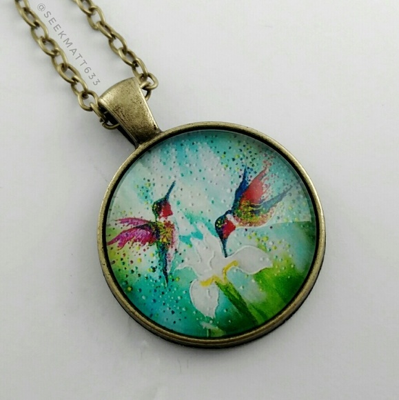 Colorful Hummingbirds Painting Necklace - Picture 2 of 4