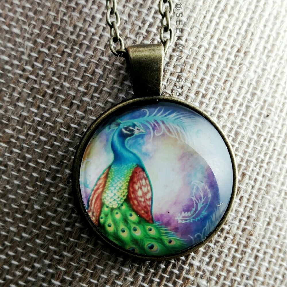 Colorful Peacock Painting Glass Necklace