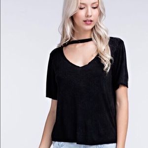 Black Distressed Open Neck Tee