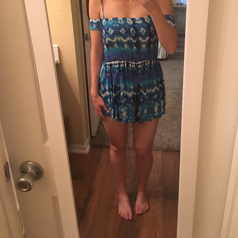 Blue tie dye off the shoulder romper