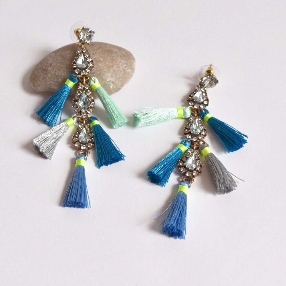 Blue Glass Tassel Statement Long Earring