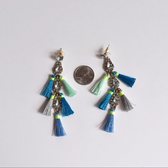 Blue Glass Tassel Statement Long Earring - Picture 3 of 6