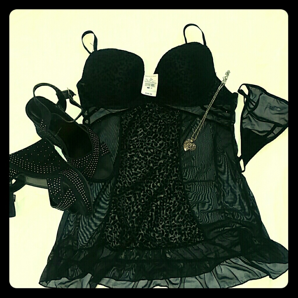 Ashley Stewart Black Leopard Sheer Nighty w/ Thong