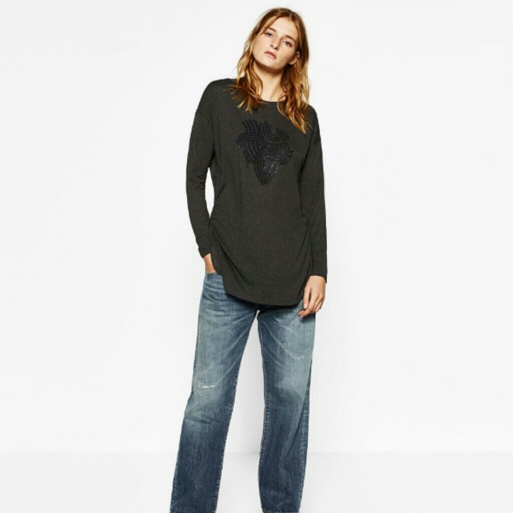 ZARA Long Sleeve Marl Gray T-shirt Sequin Patch