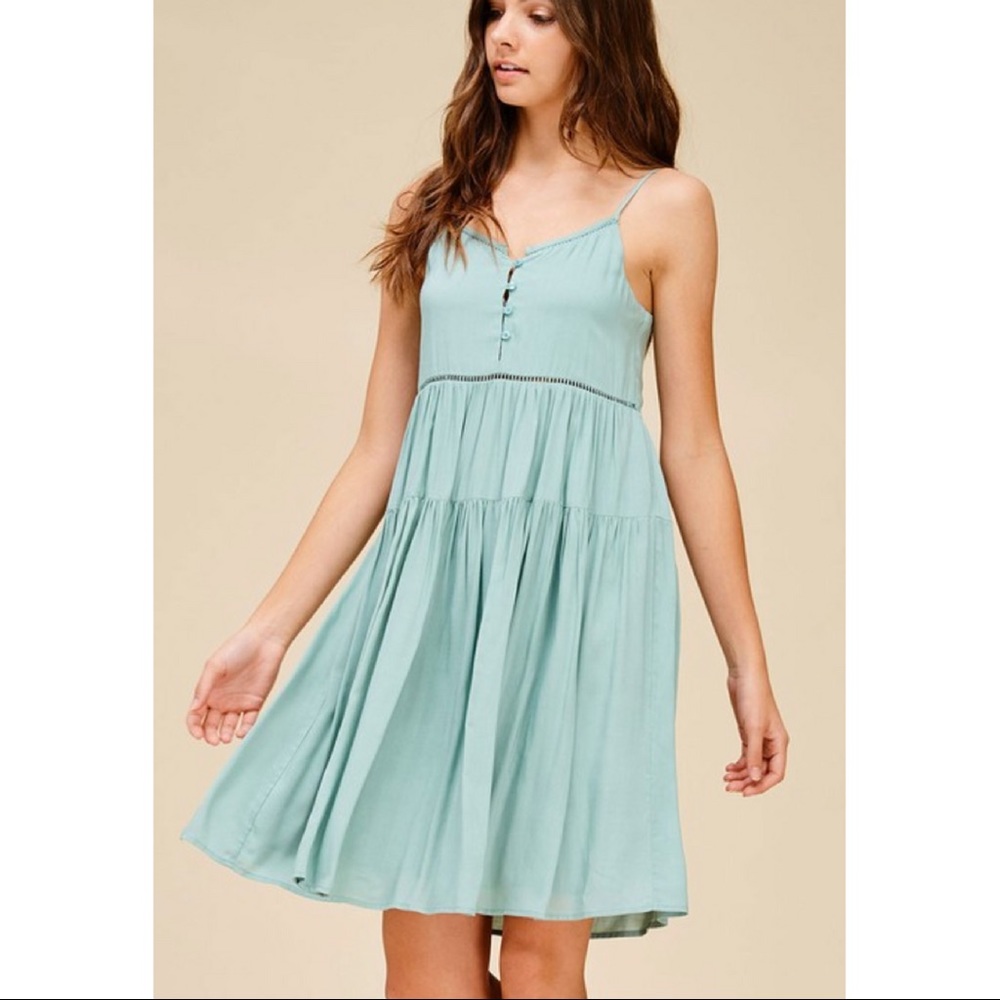 Beautiful Mint Tiered Lace Up Open Shoulder Dress