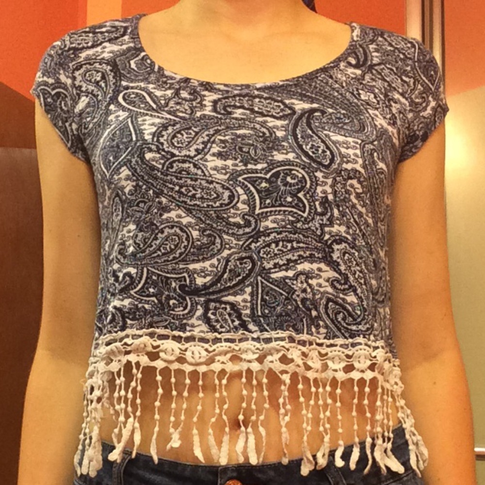 Navy & White Crop Top w/ fringe - Charlotte Russe