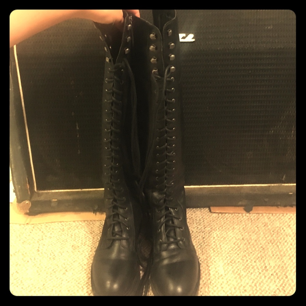 Tall combat lace up boots black leather over knee