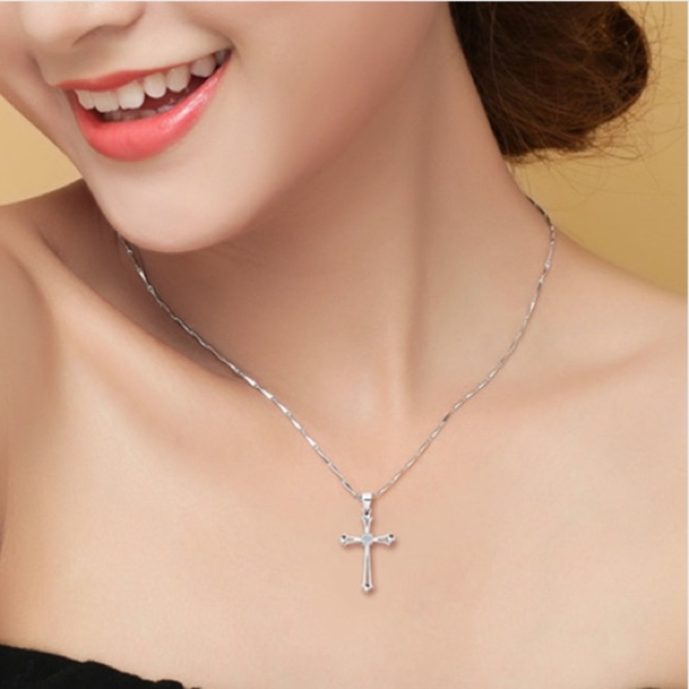 Cross Necklace Crystal Silver Tone Pendant
