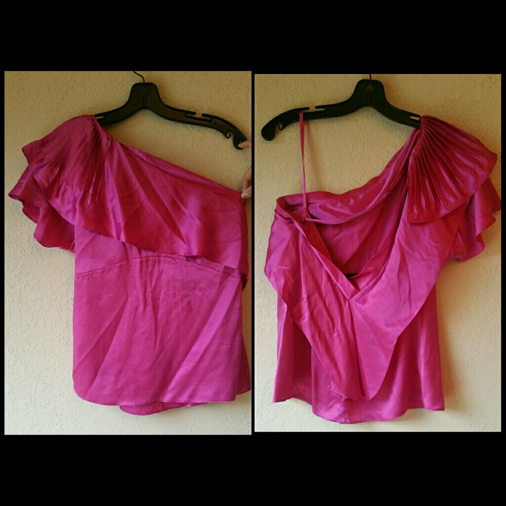 SOLD: BCBG MaxAzria Pink Silk One Shoulder Blouse