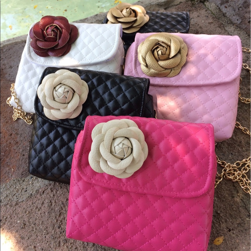 Quilted Shoulder Bag with Gold Flower