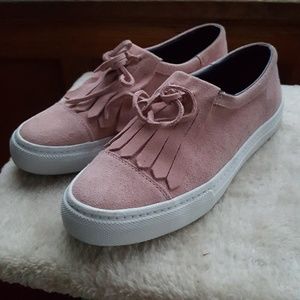 Zara Trafaluc leather fringed plimsolls in pink