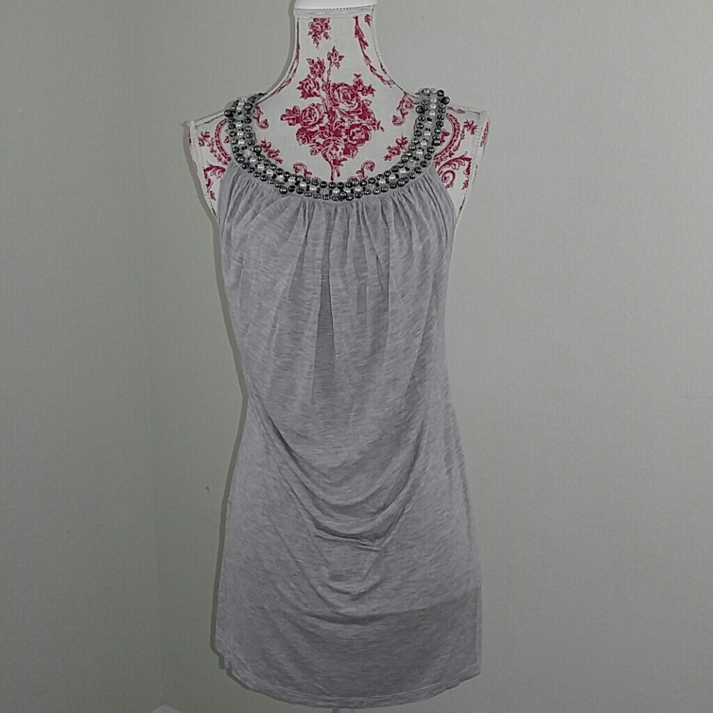 Bebe Solid Gray Faux Pearl Beaded Tank Top XS