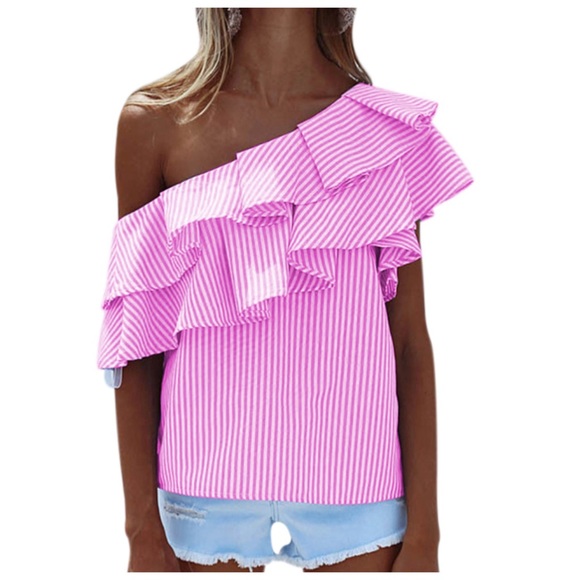 ‼️PRICE FIRM LAST CALL Pink Blue One Shoulder Top - Picture 2 of 7