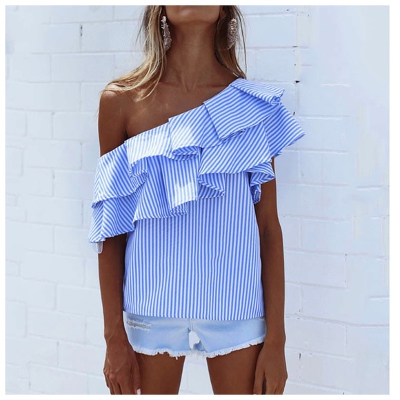 ‼️PRICE FIRM LAST CALL Pink Blue One Shoulder Top - Picture 4 of 7