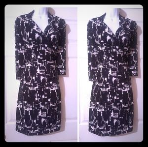 Black&white geometric print jersey knit dress