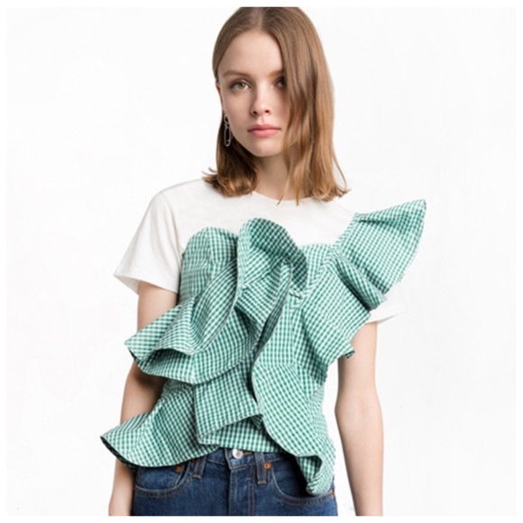 Green Gingham Plaid Ruffle One Shoulder Top DA29 - Picture 5 of 7