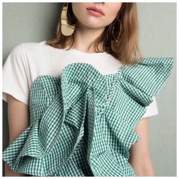 Green Gingham Plaid Ruffle One Shoulder Top DA29 - Picture 6 of 7