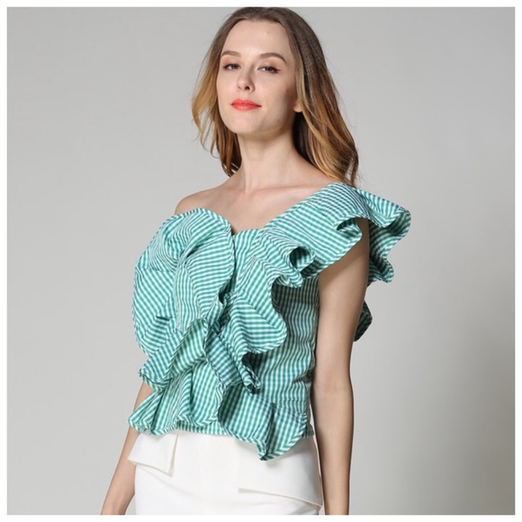 Green Gingham Plaid Ruffle One Shoulder Top DA29 - Picture 2 of 7
