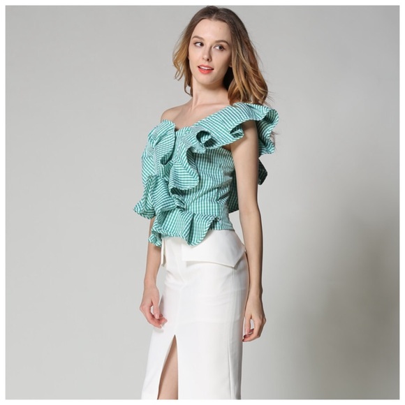 Green Gingham Plaid Ruffle One Shoulder Top DA29 - Picture 3 of 7