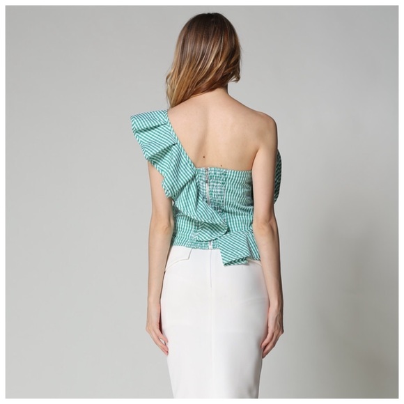 Green Gingham Plaid Ruffle One Shoulder Top DA29 - Picture 4 of 7